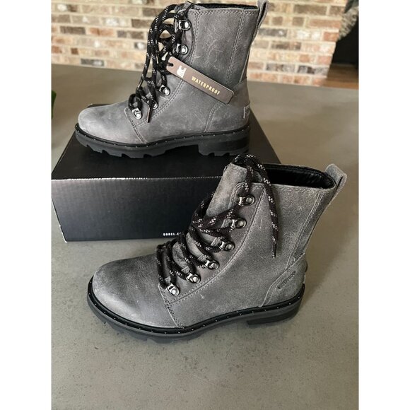 SOREL Women's Lennox Lace Moto Leather Lace Up Boots Quarry Size 6 - Picture 2 of 9
